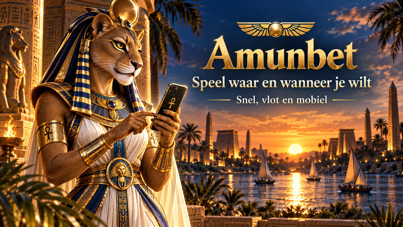Godin Sekhmet speelt op smartphone in de Amunbet app — speel waar en wanneer je wilt, snel en mobiel
