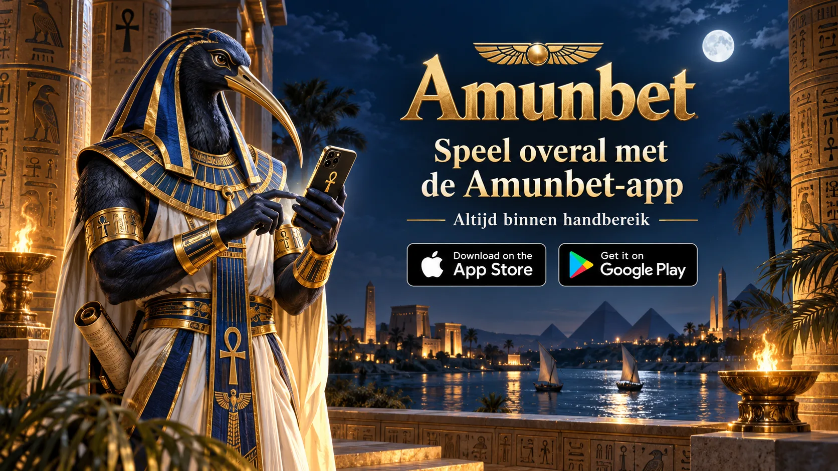 Amunbet mobiele app banner met god Thoth en smartphone — download de Amunbet app via App Store en Google Play
