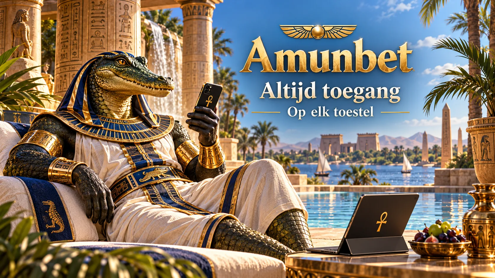God Sobek met smartphone, tablet en laptop — altijd toegang tot je Amunbet account op elk toestel