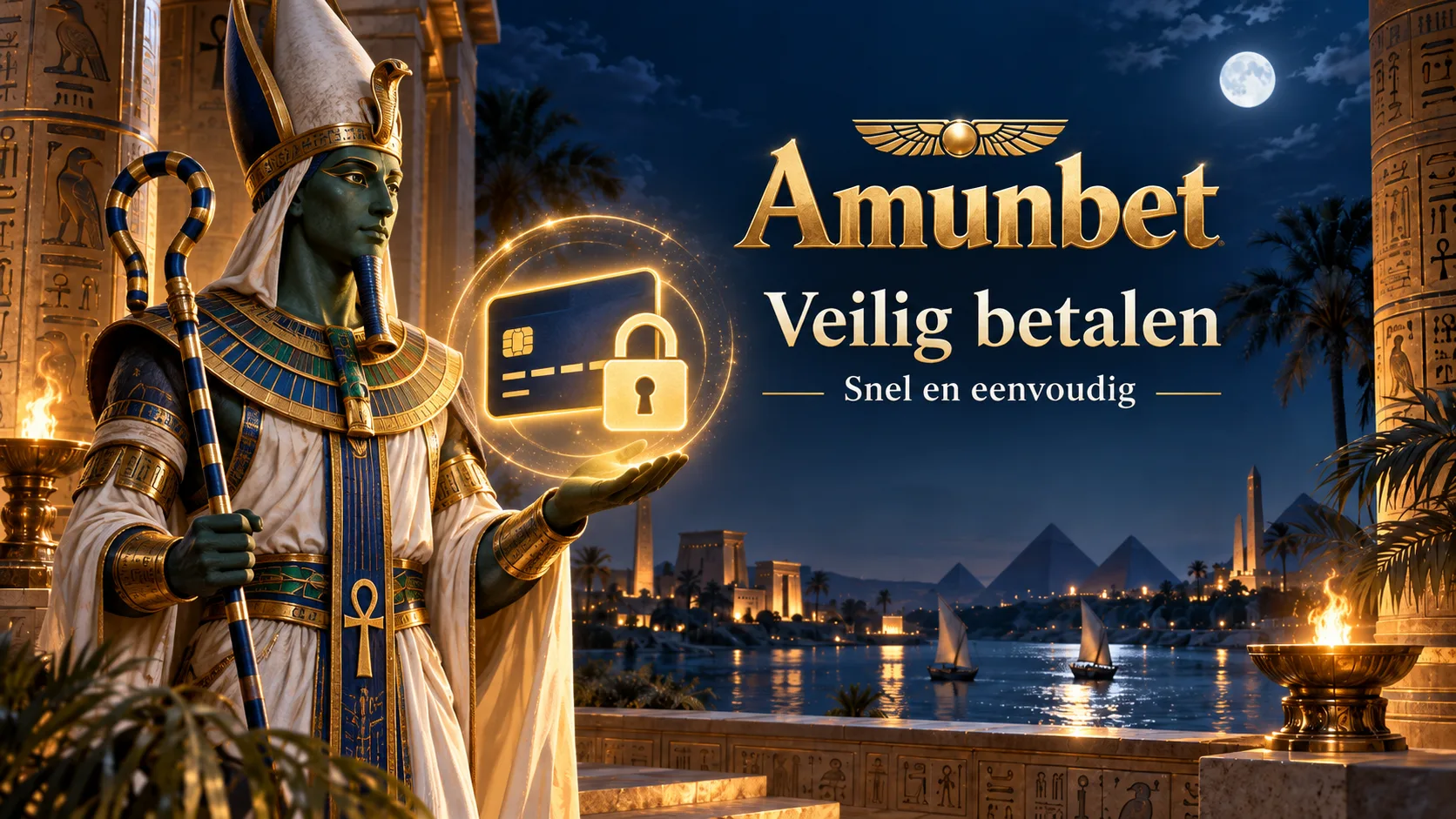 Amunbet betalingen banner met god Osiris — veilig betalen, snelle stortingen en opnames bij Amunbet casino