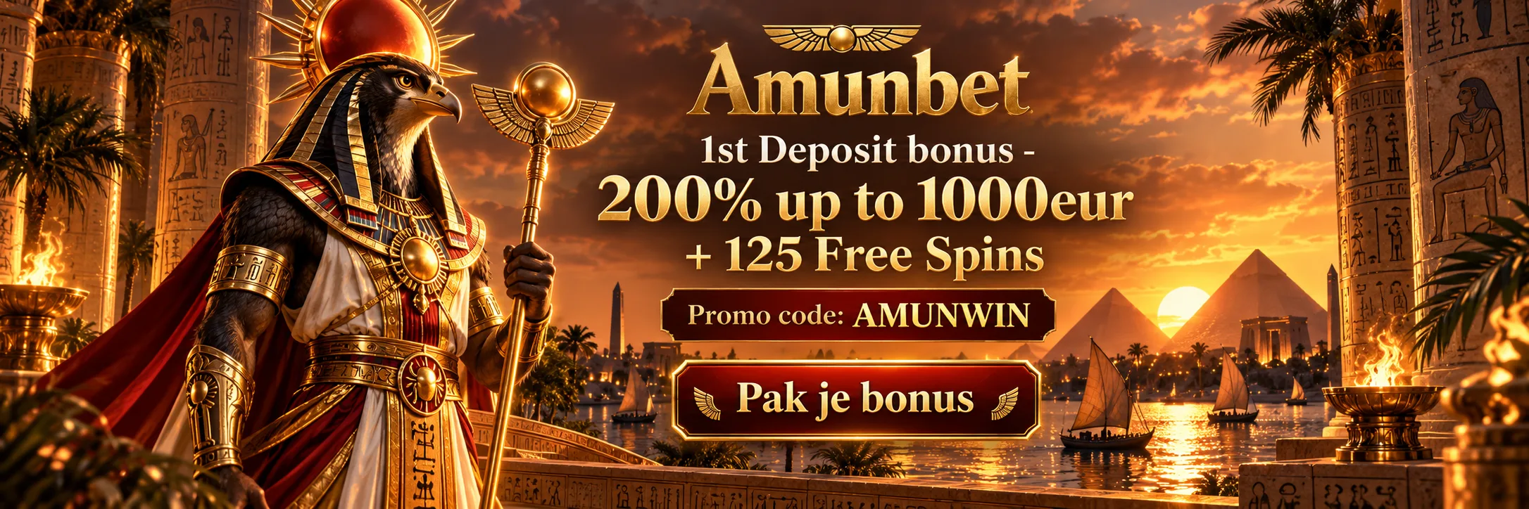 Amunbet promotiecode banner met god Ra — promotiecode AMUNWIN voor 200% bonus tot €1.000 en 125 free spins